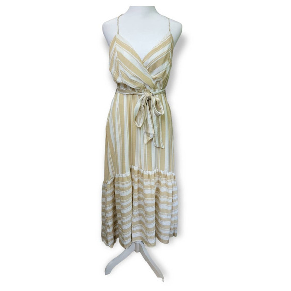 L'atiste BY AMY Hi‎ Low Neutral Striped Surplice Maxi Dress Size Medium - Picture 1 of 9